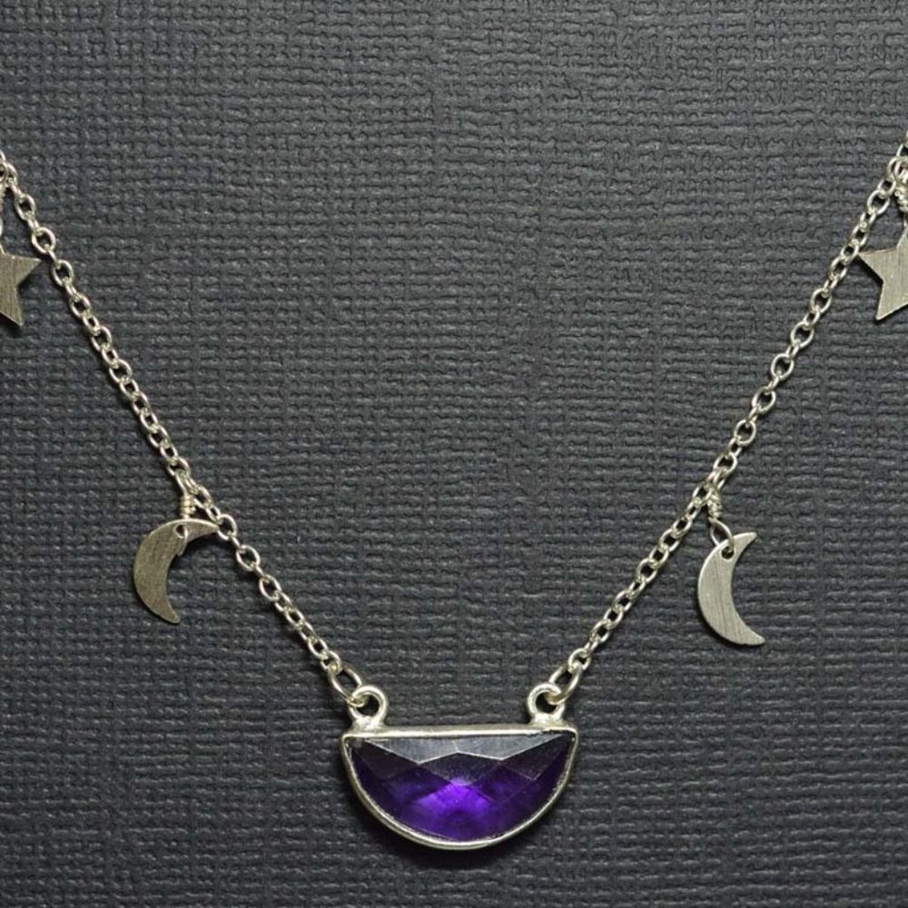 Amethyst Half Moon Pendant on Moon and Star Chain